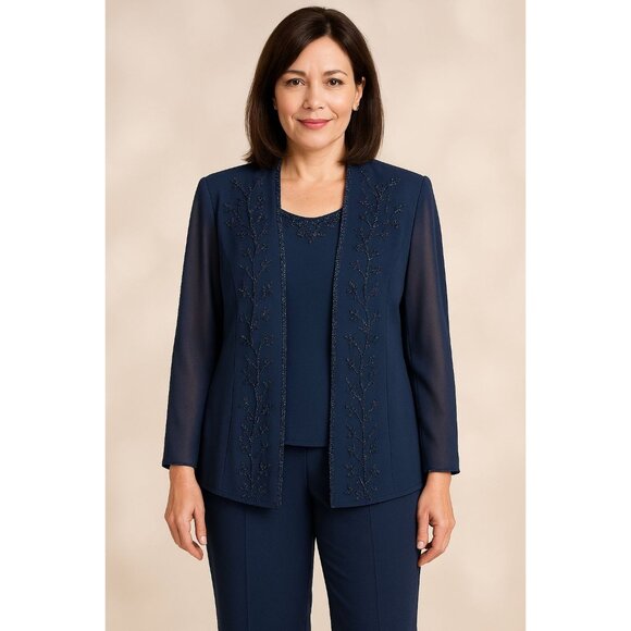 Marsoni Size 14 / 3pc  Blue Evening Outfit With Beaded Jacket & Sleeveless Top - Picture 1 of 16